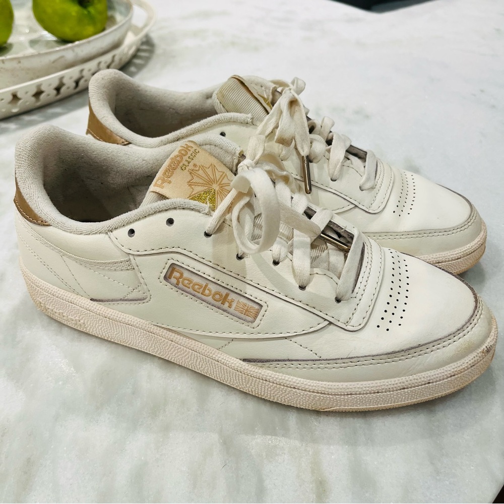 Reebok Classic Off-White with Gold Leopard Accent Sneakers, Size 9